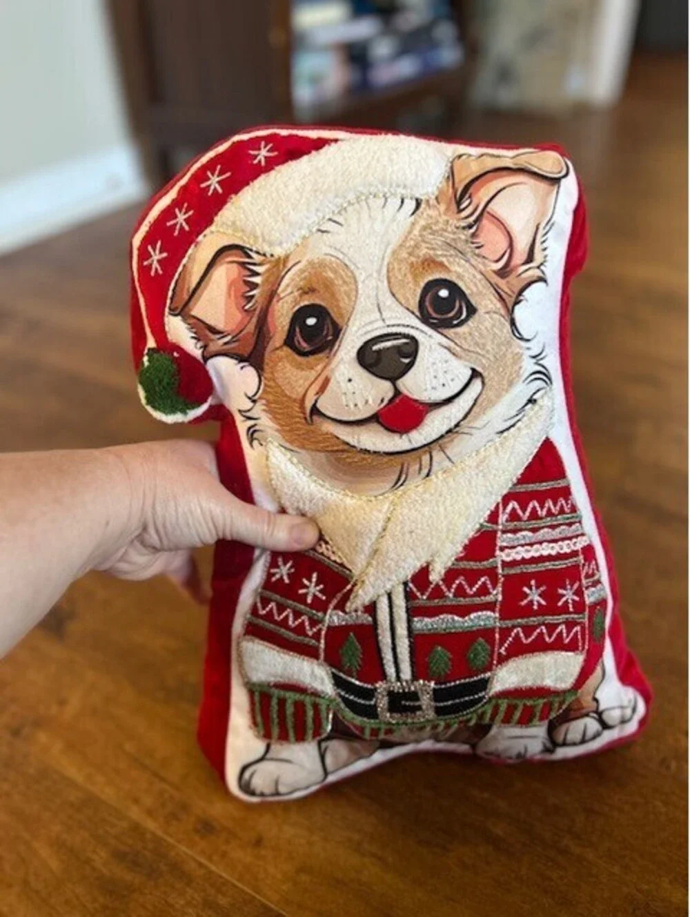 Festive Dog Shaped Holiday Decorative Pillow with Embroidered Details
